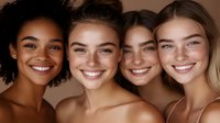 Diverse group of young women with natural makeup and glowing skin smiling at camera against neutral background, showcasing beauty and inclusivity.