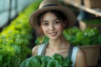 Young Asian woman in straw hat and overalls holding fresh green cabbage from garden, smiling warmly against blurred natural background.