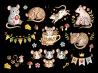 Cute mice and rats clipart set isolated on transparent background, ready for stickers, t-shirt design, print on demand, sublimation, and scrapbooking projects.