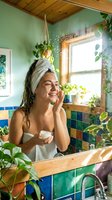 Young woman with dark hair and olive complexion applying skincare cream in a bright bathroom with green walls, colorful tile backsplash, wooden accents, and potted plants, ideal for beauty and wellness content.