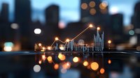 Glowing financial chart with rising trend line against blurred city skyline background with bokeh lights, representing business growth and market success.