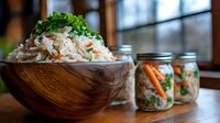 Fresh homemade sauerkraut served in wooden bowl with fermented vegetables in glass jars on rustic table, garnished with chopped herbs and carrots.