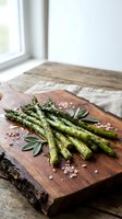 Grilled asparagus spears with sea salt and herbs on rustic wooden cutting board in bright kitchen setting for healthy cooking and meal preparation.