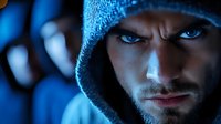 Intense close-up portrait of bearded man in knit beanie with piercing blue eyes against dark background, dramatic lighting creates mysterious atmosphere.