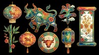 Colorful Asian ornaments and decorative elements isolated on transparent background, ready for t-shirt design, clipart, stickers, sublimation, and print-on-demand projects.