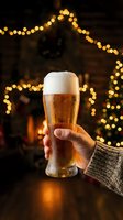 Hand holding a cold beer glass with foam head against warm golden string lights and fireplace backdrop during festive season celebration.