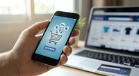 Hand holding smartphone with shopping cart app interface while laptop displays online store in background for mobile commerce and digital retail experience.