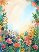 Watercolor floral frame with pink roses, teal leaves, and gold accents on a soft pastel background with copy space for text.