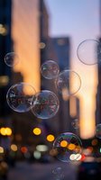 Soap bubbles floating in urban city street at sunset with blurred skyscrapers and warm bokeh lights creating dreamy atmospheric scene for lifestyle concepts.