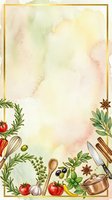 Watercolor cooking frame with fresh vegetables, herbs, spices, and kitchen utensils arranged on aged paper background. Isolated design ready for menus, recipes, and culinary projects.