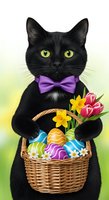 Black cat with yellow eyes wearing purple bow tie holding wicker basket filled with colorful Easter eggs and spring flowers against soft green gradient background.