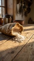 Sea salt crystals spilling from burlap sack on rustic wooden table in traditional kitchen with dried herbs and ceramic pottery for cooking and seasoning.