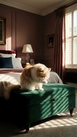 Fluffy orange and white cat sitting on green velvet ottoman in elegant burgundy bedroom with natural sunlight streaming through window shutters.