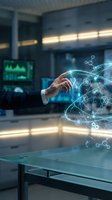 Businessman hand touching futuristic holographic interface with digital network connections in modern office environment for technology presentations.