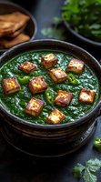Palak paneer served in rustic bowl with crispy golden cheese cubes and green chilies floating in creamy spinach curry sauce. Traditional Indian cuisine.