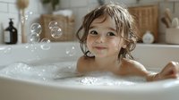 Young child enjoying bath time with soap bubbles floating in air, warm natural lighting creates cozy bathroom atmosphere with minimal decor in background.
