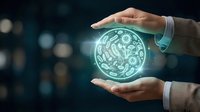Businessman hands protecting glowing green earth globe with recycling symbols representing environmental conservation and sustainable business practices.