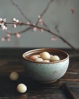 Traditional rice balls in ceramic bowl with sakura branch, moody dark atmosphere on wooden table. Soft natural lighting creates gentle shadows.