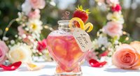 Romantic love potion in heart-shaped glass bottle with strawberry garnish surrounded by pink roses and flower petals for Valentine's Day celebration.