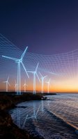 Offshore wind turbines with digital grid overlay at sunset, representing renewable energy technology and sustainable power generation for future electricity needs.