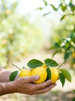 Farmer's hand holding fresh yellow lemons with green leaves on branch in orchard garden, harvesting citrus fruit for agriculture and food production.