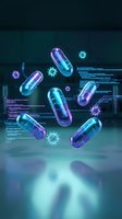 Glowing neon capsules with virus particles and digital data streams on dark background, representing pharmaceutical research, biotechnology, and medical science innovation.