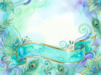 Watercolor peacock feathers and ornamental swirls frame a turquoise ribbon banner on white background, suitable for invitations and greeting card designs.