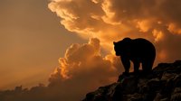 Bear silhouette against dramatic orange sunset sky with storm clouds on rocky mountain ridge creating powerful wildlife scene for outdoor adventure themes.