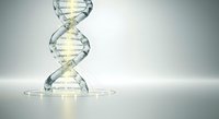 Glass DNA double helix structure with illuminated interior glowing against neutral background, representing genetic research, biotechnology, and molecular science.