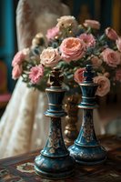 Elegant vintage chess pieces, king and queen in turquoise and gold, against blurred background of pink garden roses. Perfect for wedding decor, luxury game design, or romantic still life concept.