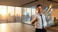 Confident businessman giving thumbs up in modern office with city skyline view and holographic financial charts showing growth and success.