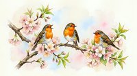 Three robins perched on a blooming cherry blossom branch, soft watercolor style with pastel pink flowers and green leaves on light background.