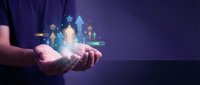 Business growth concept with glowing arrows and charts floating above open hands against purple background for presentations and marketing materials.