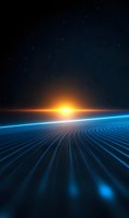 Glowing horizon with bright sun rising over curved blue light trails against starry night sky, creating futuristic landscape perspective with neon illumination.