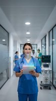 Female nurse with tablet and stethoscope in modern hospital corridor with digital healthcare interface elements for medical technology concepts.
