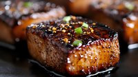 Juicy grilled pork belly with caramelized glaze, garnished with green onions and sesame seeds. Close-up view shows rich texture and glistening surface.