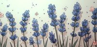 Delicate watercolor lavender flowers with soft blue petals and green stems against a light background, creating a serene botanical illustration.