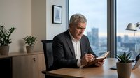 Senior male professional with gray hair and light complexion, wearing dark business suit and white shirt, reading tablet at wooden desk in modern high-rise office with city skyline view. Suitable for corporate, business technology, and professional services marketing.