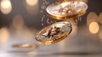 Golden cryptocurrency coins floating with water drops and bokeh lights in background, dramatic lighting creates luxurious atmosphere for financial concept.
