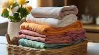 Neatly folded colorful cotton blankets stacked in woven basket, pastel orange, pink, mint green and white throws arranged in cozy home setting with flowers.