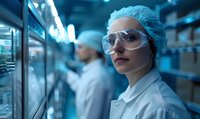 Young female scientist in protective workwear and safety goggles working in modern laboratory with blue toned lighting. Colleague researcher visible in background.