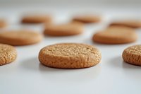 Golden brown oatmeal cookies arranged on white surface with soft focus background for baking and food photography projects.