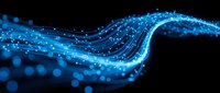 Abstract blue digital wave with glowing particles and light effects on black background for technology and data visualization concepts.