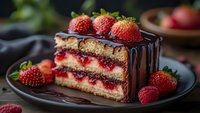 Appetizing slice of layered chocolate cake with fresh strawberry filling and ganache topping, garnished with ripe berries on dark plate, close up view.