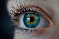 Extreme close up of striking blue and gold human eye with long eyelashes against dark background, showing intricate iris detail and natural eye makeup.
