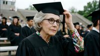 Senior Caucasian woman in graduation cap and gown adjusting mortarboard at university ceremony. Academic achievement and lifelong learning concept.