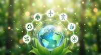 Green hands holding glowing Earth with renewable energy icons including solar panels, wind turbines, recycling symbols on bokeh background for sustainability.