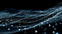 Abstract blue digital wave with glowing particles flowing on dark background, representing technology, data visualization, or network connections.