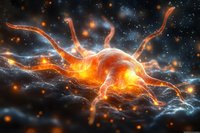 Glowing orange neuron cell with electrical impulses on dark background with light effects, illustrating neural network activity and brain function in medical science.