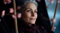 Elegant senior woman with silver hair smiling gently, wearing dark scarf with pink pattern against blurred cherry blossom background.